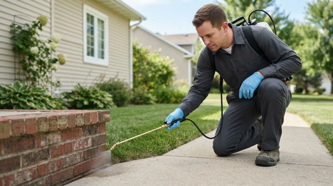 Pest control technician treating a home near Arcadia, IA