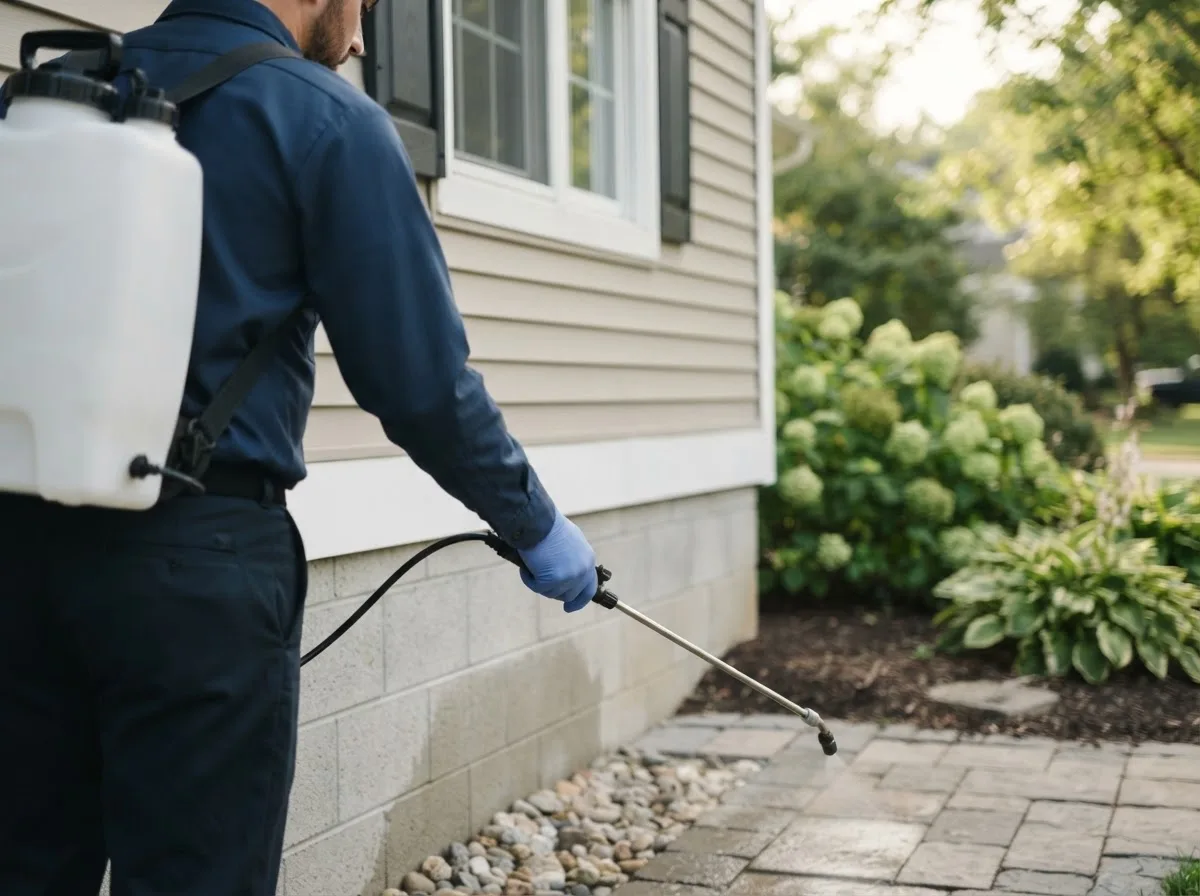 Pest control technician inspecting a home in Arcadia, IA